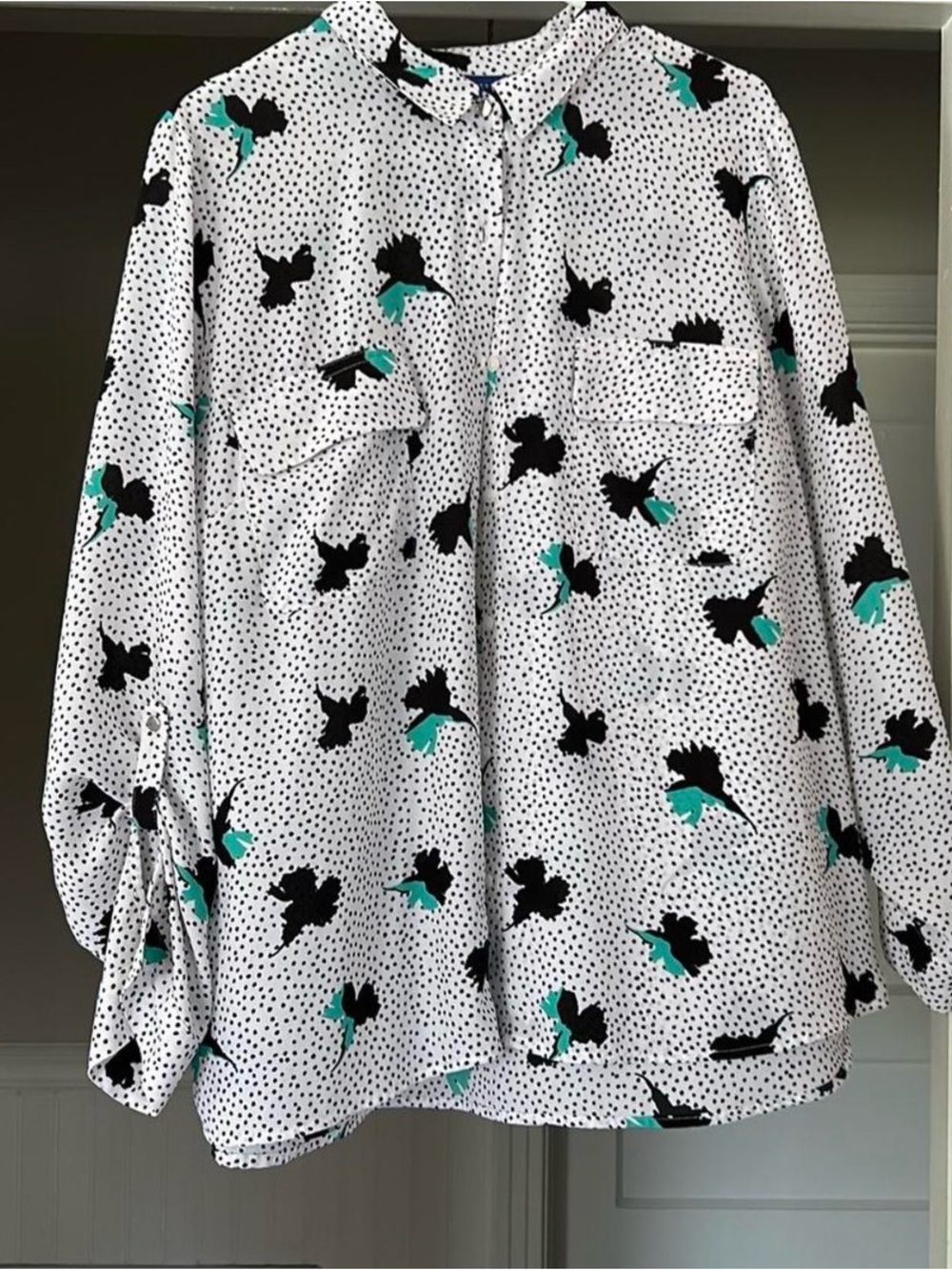 Label on polka dot fabric